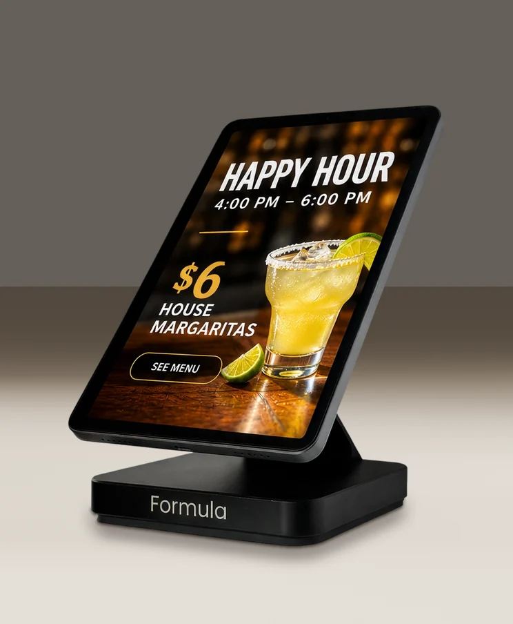 Formula standing in portrait orientation, showing a happy-hour offer for house margaritas