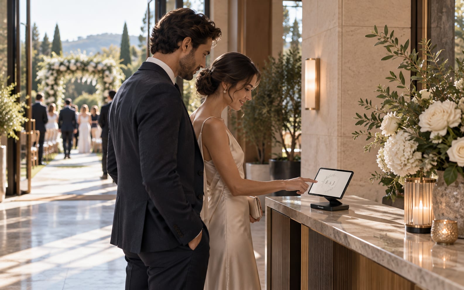 Wedding guests checking in on Formula at the venue entrance