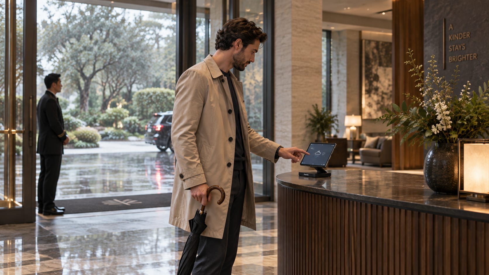 A guest checking the weather on Formula at a hotel reception desk